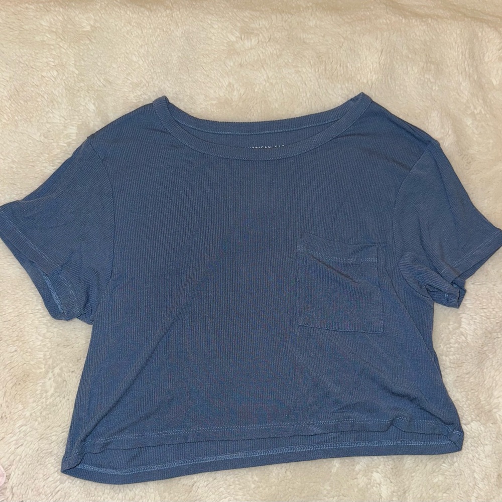 American Eagle Blue Cropped T-Shirt with Pocket
